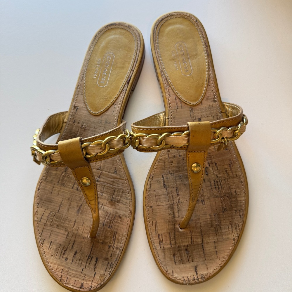 Coach Rizzo Q478 Yellow Leather Cork Chain Thong Sandals Womens 9B